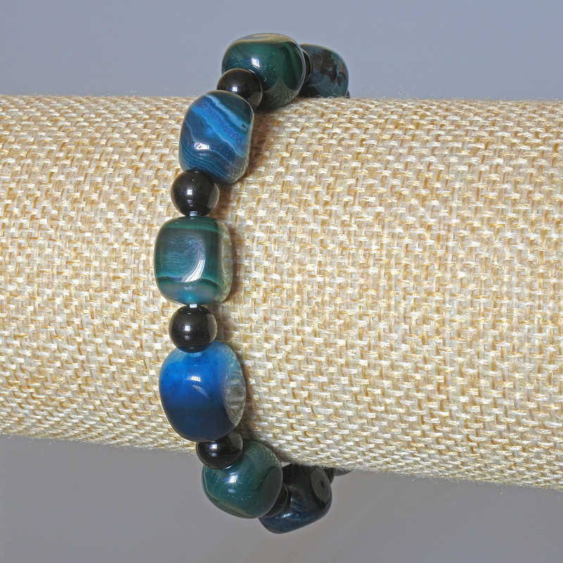 Agate Bracelet, blue-green natural stone, rectangular beads 9×12mm ±, smooth ball 6mm ±, length 18cm ± (stretch)