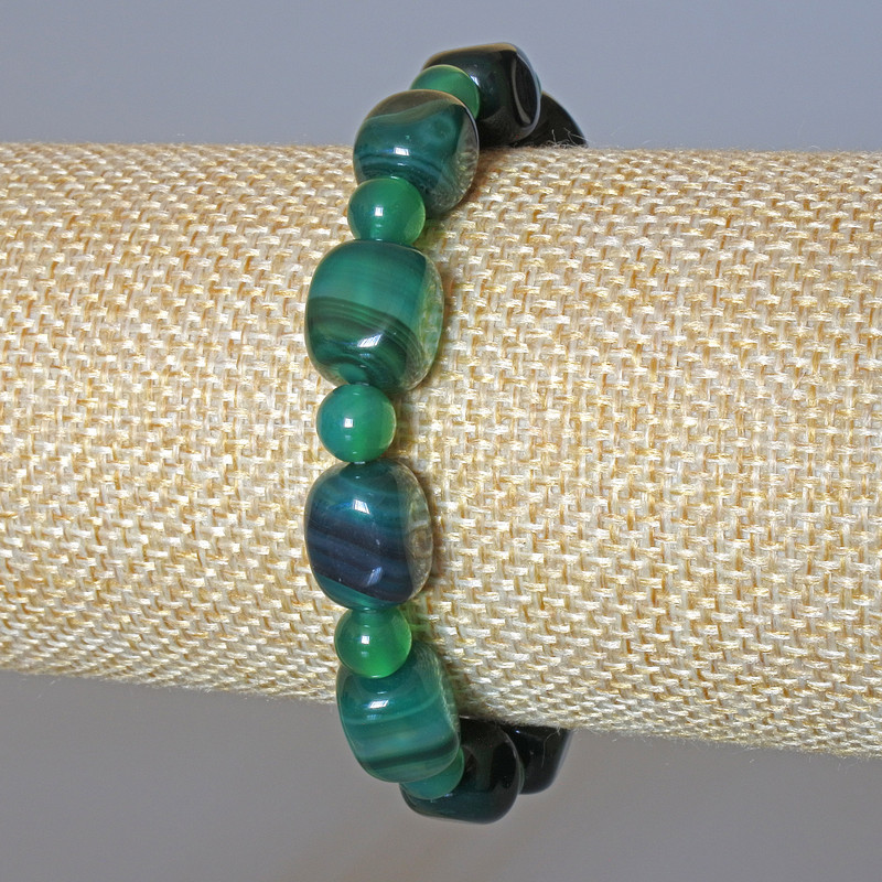 Bracelet Green Agate Natural Stone Bar Beads, 9x12mm± smooth spheres, 6mm±, length 18cm± (stretch)