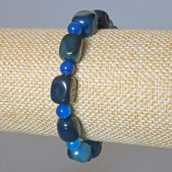 Agate Bracelet Blue Natural Stone Bar, 9x11mm+/- rectangular bars and smooth beads 6mm+/-, length 18cm+/- (stretch)