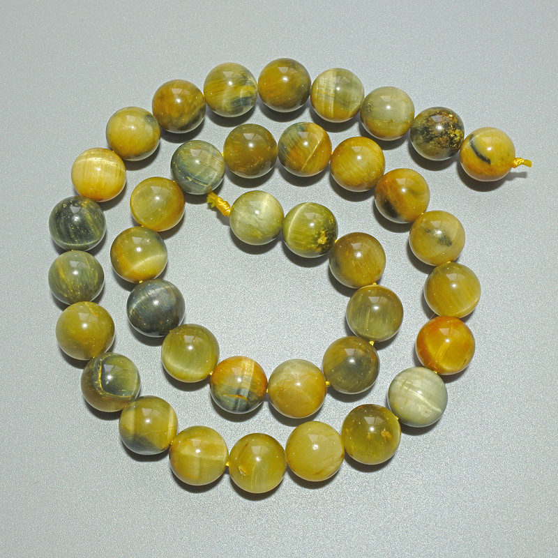 Cat's Eye Beads Yellow-Gray Natural Stone Smooth Round Bead, diameter 10.5mm±, thread length 39cm±