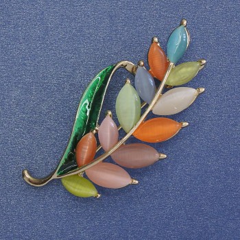 Brooch Branch with Multicolored Cat's Eye, Green Enamel, Gold-Toned Metal 22x47mm