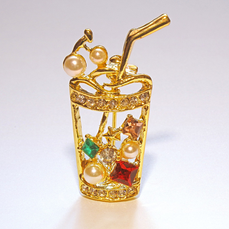 Brooch Cocktail with colorful rhinestones and beads, gold-tone metal 15x35mm
