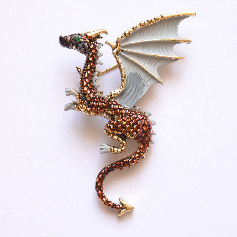Brooch Dragon gray and bronze enamel on gold-tone metal 42x66mm