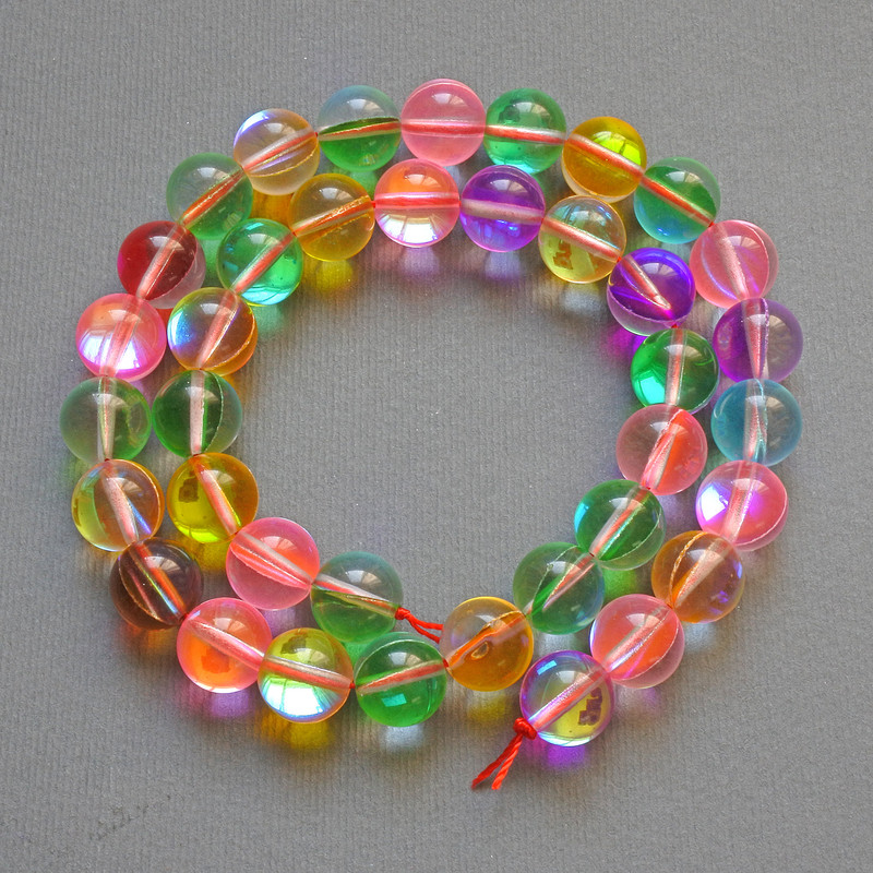 Opal Glass Beads multicolor smooth round 10.5 mm diameter, length 38 cm on thread