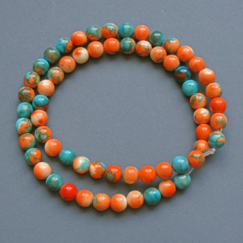 Beads "Variscite" (plastic acrylic, bead) orange, blue and white smooth sphere, diameter 6.5 mm ±, length 40 cm ± on monofilament