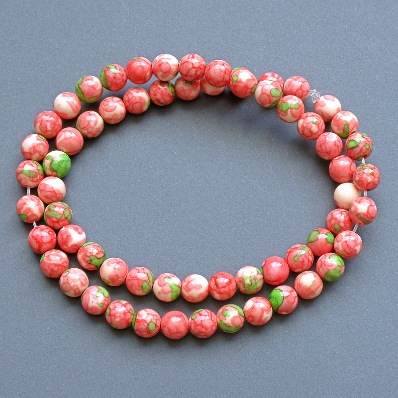 Beads "Variscite" (artificial acrylic) pink, white and green smooth bead, diameter 6.5mm±, length 40cm ± on thread