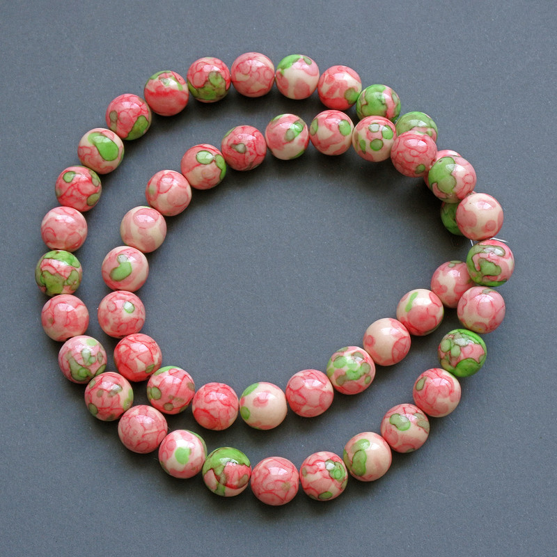 Variscite Beads (plastic/acrylic) rounded pearls in pink, white and green, polished balls, diameter 10mm±, length 40cm±, on thread