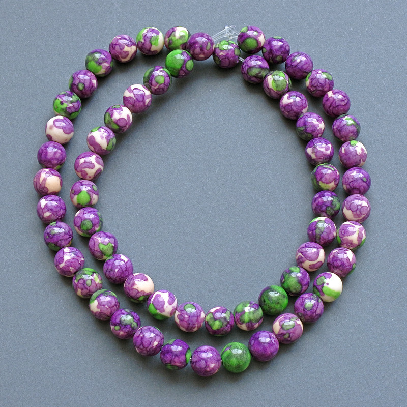 Beads "Variscite" (per piece, acrylic) purple, white and green smooth round beads, 6.5mm ±, length 40cm ± on a thread