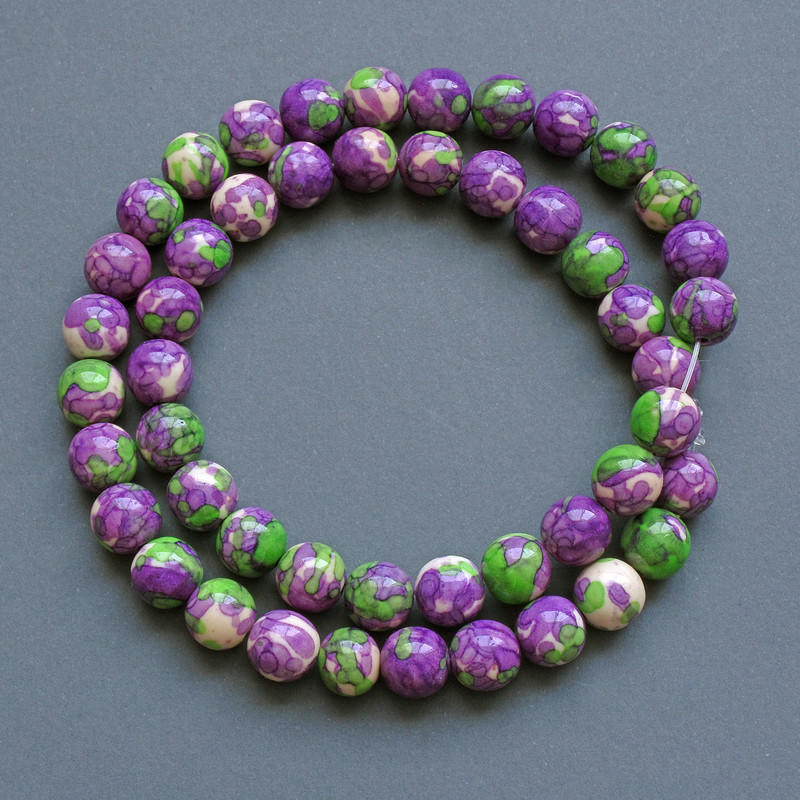 Beads “Variscite” (artificial acrylic) purple, white and green smooth round beads, diameter 8.5 mm, ± length 40 cm on fishing line