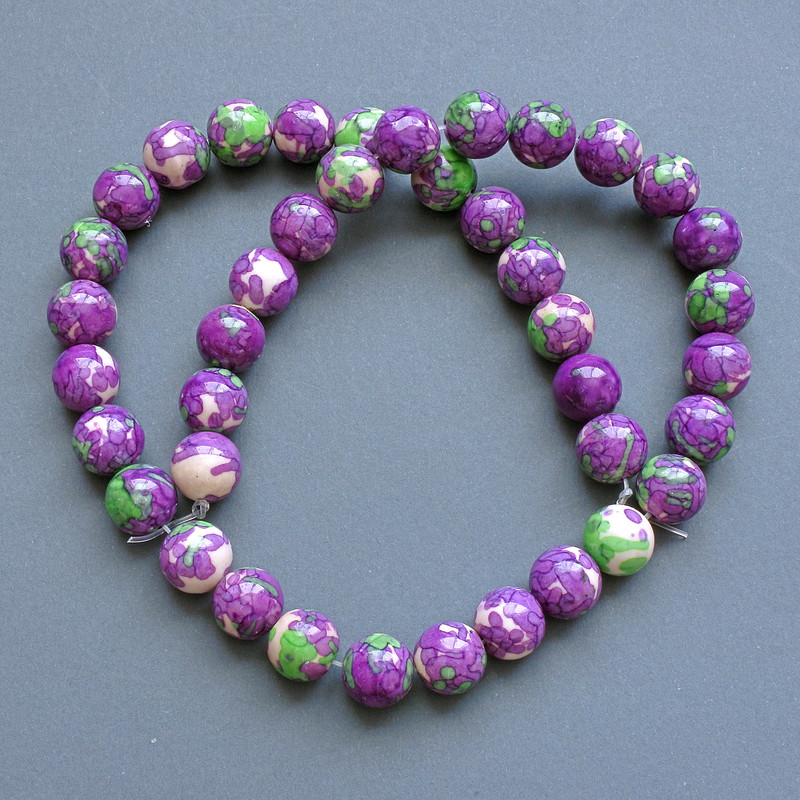 Beads "Variscite" (plastic imitation) purple, white and green smooth ball, diameter 10.5mm ±, thread length 40cm ± on fishing line