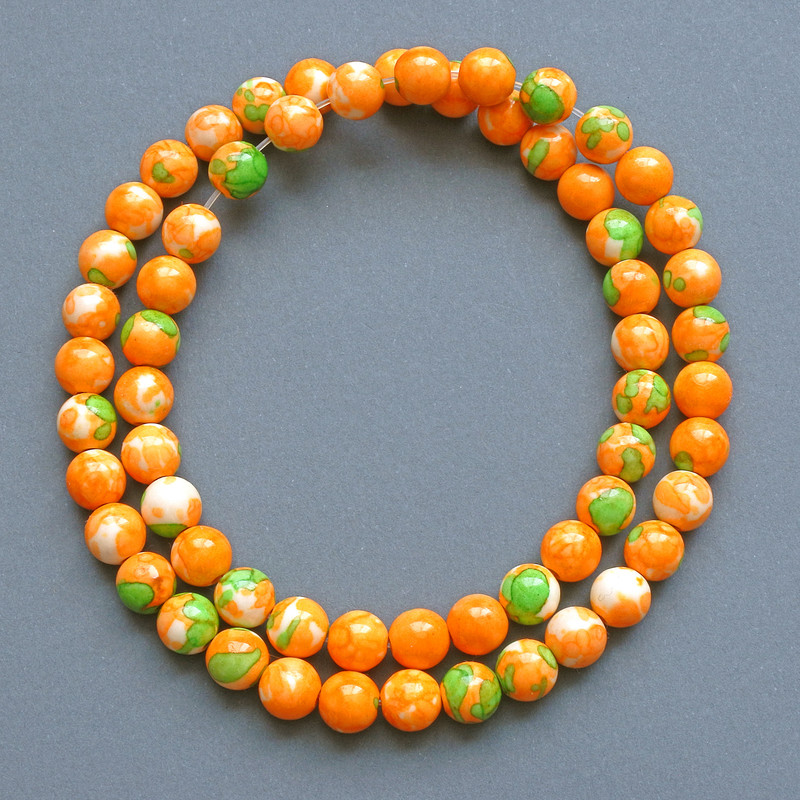 Beads "Varisite" (plastic acrylic) green, orange and white smooth sphere, 7mm± diameter, 40cm± length on line