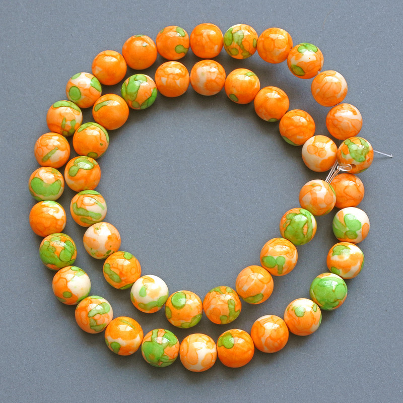Acrylic Beads Variscite (unit) green, orange and white smooth round beads, 8.5 mm ± diameter, 39 cm ± length on fishing line