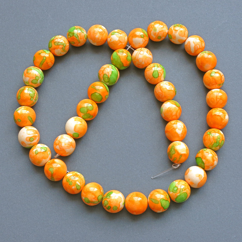 Variscite Beads (imitation acrylic) green, orange, and white, smooth round beads, 10mm diameter ±, length 39cm ± on thread