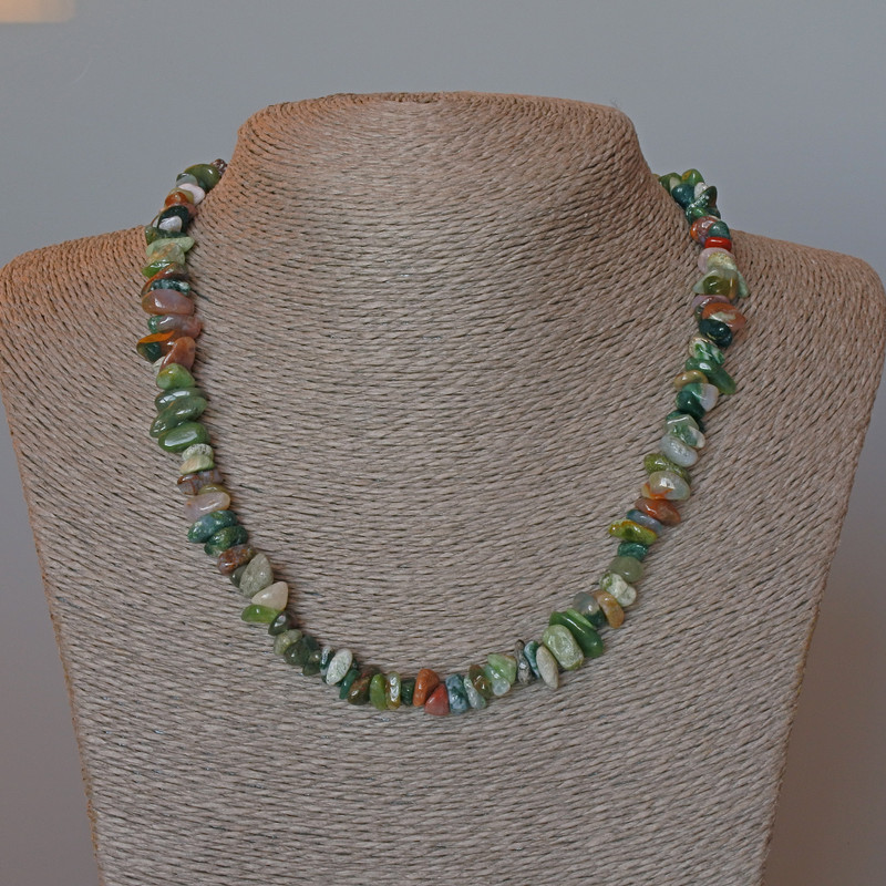 Necklace of Green Jasper Natural Stone Chip, diameter 9x4mm±, length 47cm±