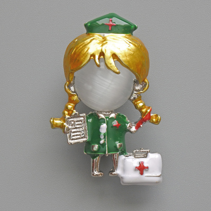 Brooch Pendant Nurse with White Cat's Eye, green and white enamel, silver-tone metal 23x36mm