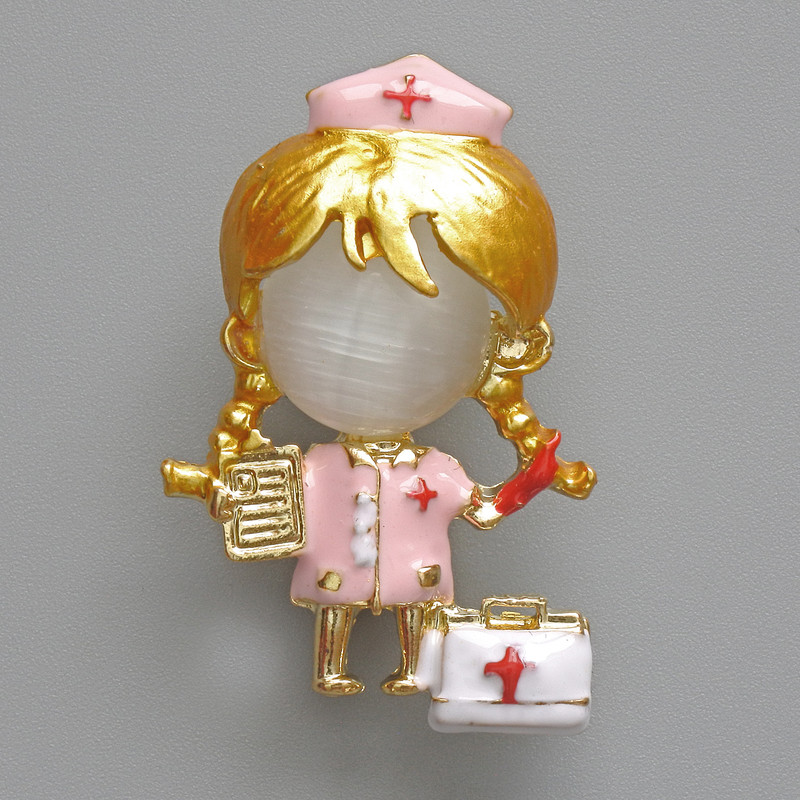 Brooch Pendant Nurse White Cat's Eye, pink and white enamel, golden metal 23x36mm