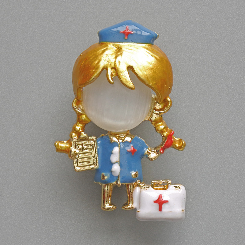 Brooch Pendant Nurse White Cat's Eye, blue and white enamel, golden metal 23x36mm