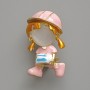 Brooch Pendant 'Girl' with White Cat's Eye, Pink and White Enamel, Golden Metal 19x31mm