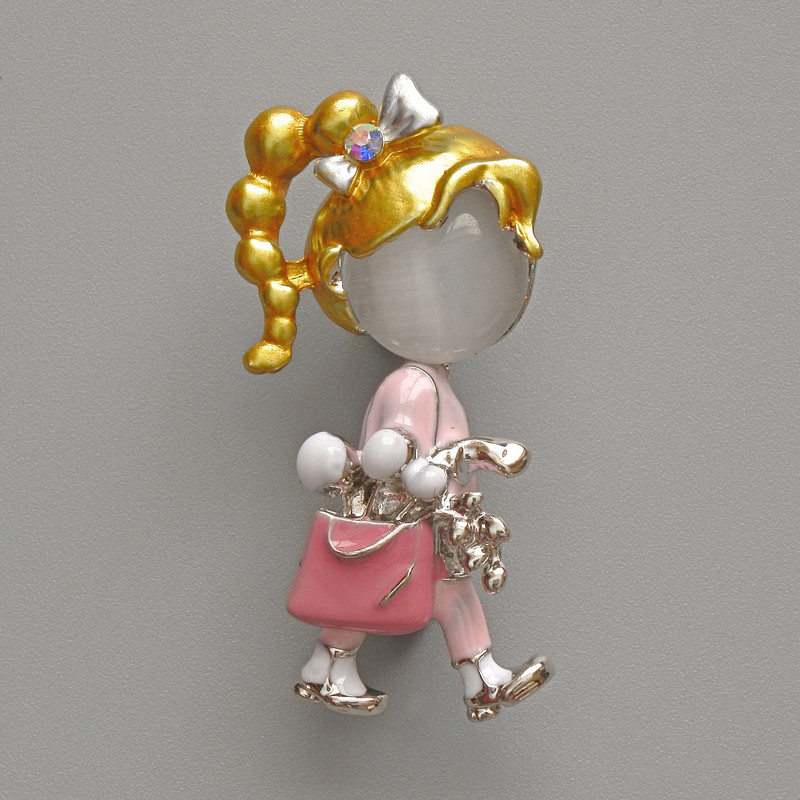 Brooch Pendant 'Girl' White Cat's Eye, pink and white enamel, silver-plated metal 16x35mm
