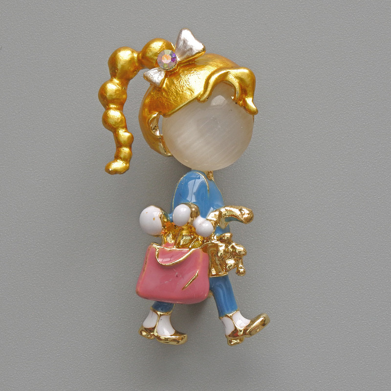 Brooch Pendant - Girl with White Cat's Eye, pink and blue enamel, golden metal 16x35mm