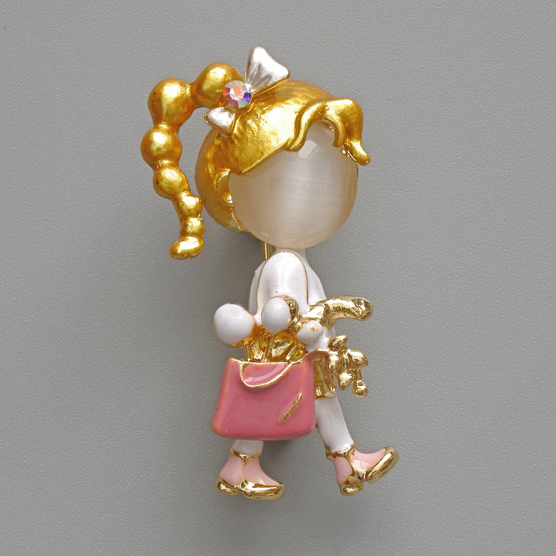 Brooch pendant 'Girl' White Cat's Eye, pink and white enamel, golden metal 16x35mm
