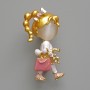 Brooch pendant 'Girl' White Cat's Eye, pink and white enamel, golden metal 16x35mm