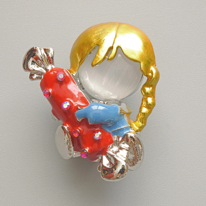 Brooch Girl with Candy White Cat's Eye, red and blue enamel, rhinestones, silver-tone metal 25x30mm