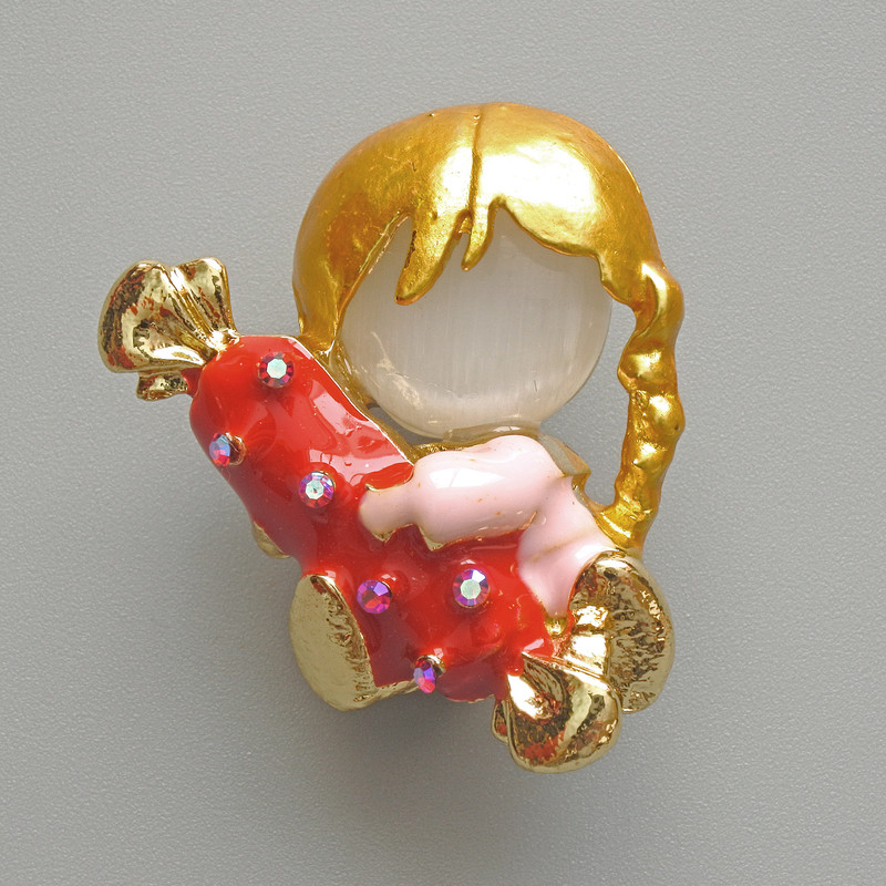 Brooch: Girl with a Candy with White Cat's Eye, red and pink enamel, rhinestones, champagne-colored metal 25x30mm