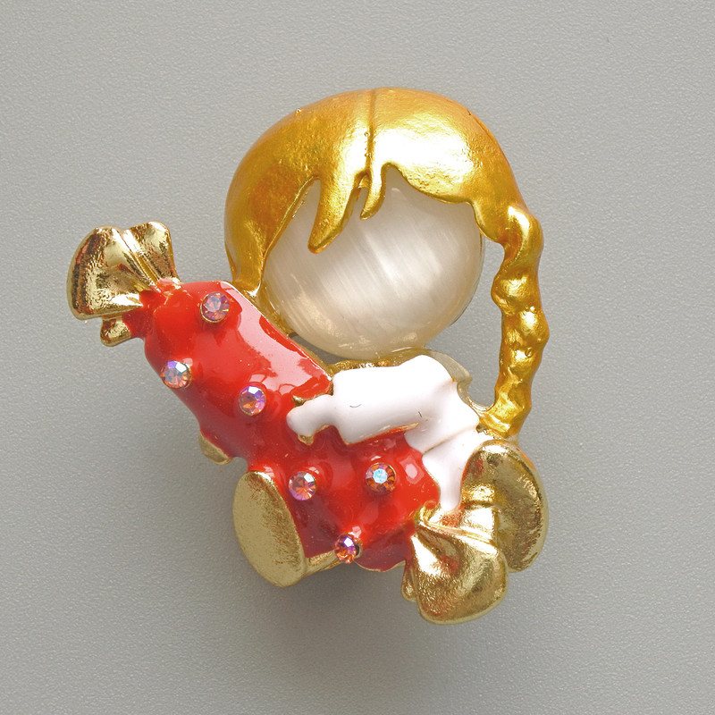 Brooch: Girl with Candy, white cat's eye, red and white enamel, chameleon crystals, gold-plated metal 25x30mm