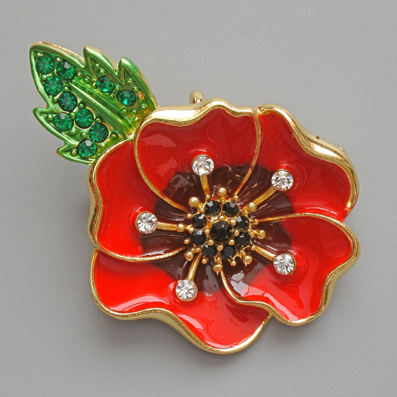 Brooch Pendant Poppy in Red Enamel and Green Enamel, White and Green Rhinestones, Gold-tone Metal 38x45mm
