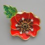 Brooch Pendant Poppy in Red Enamel and Green Enamel, White and Green Rhinestones, Gold-tone Metal 38x45mm