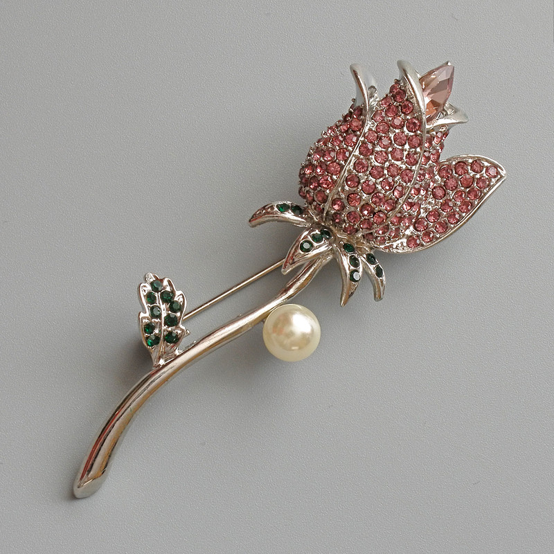 Brooch Pendant Rose with Pink and Green Rhinestones, White Bead, Silver Metal 24x71mm