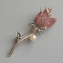 Brooch Pendant Rose with Pink and Green Rhinestones, White Bead, Silver Metal 24x71mm