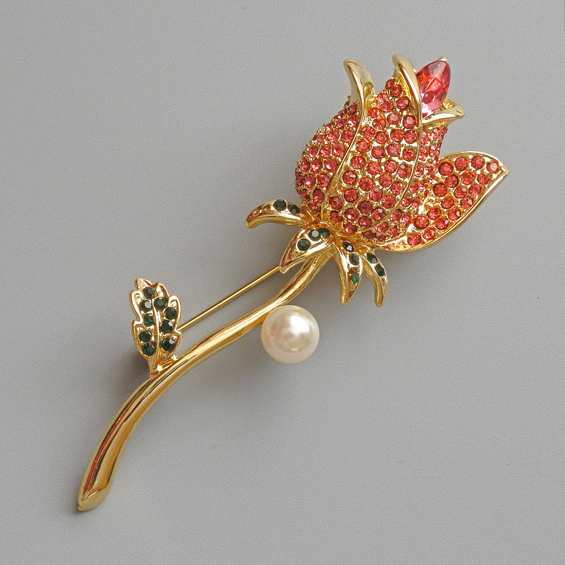 Brooch pendant Rose with malinous and green rhinestones, white bead, golden metal 24x71mm