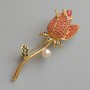 Brooch pendant Rose with malinous and green rhinestones, white bead, golden metal 24x71mm