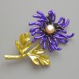 Brooch Pendant Chrysanthemum Flower Yellow, Purple and Black Matte Enamel, White Bead, Gold-toned Metal 40x61mm