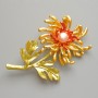 Brooch Pendant Chrysanthemum Flower Yellow and Red Matte Enamel, White Bead, Gold-tone Metal 40×61mm