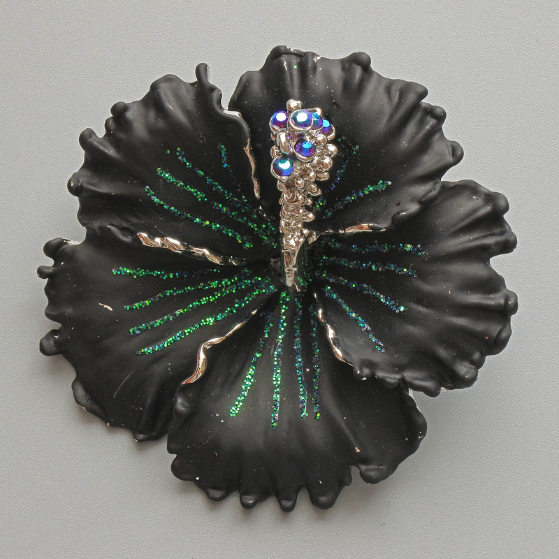 Brooch Pendant 'Petunia Flower' black matte enamel, blue crystals, green glitter, silver metal 51x51mm