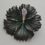 Brooch Pendant 'Petunia Flower' black matte enamel, blue crystals, green glitter, silver metal 51x51mm