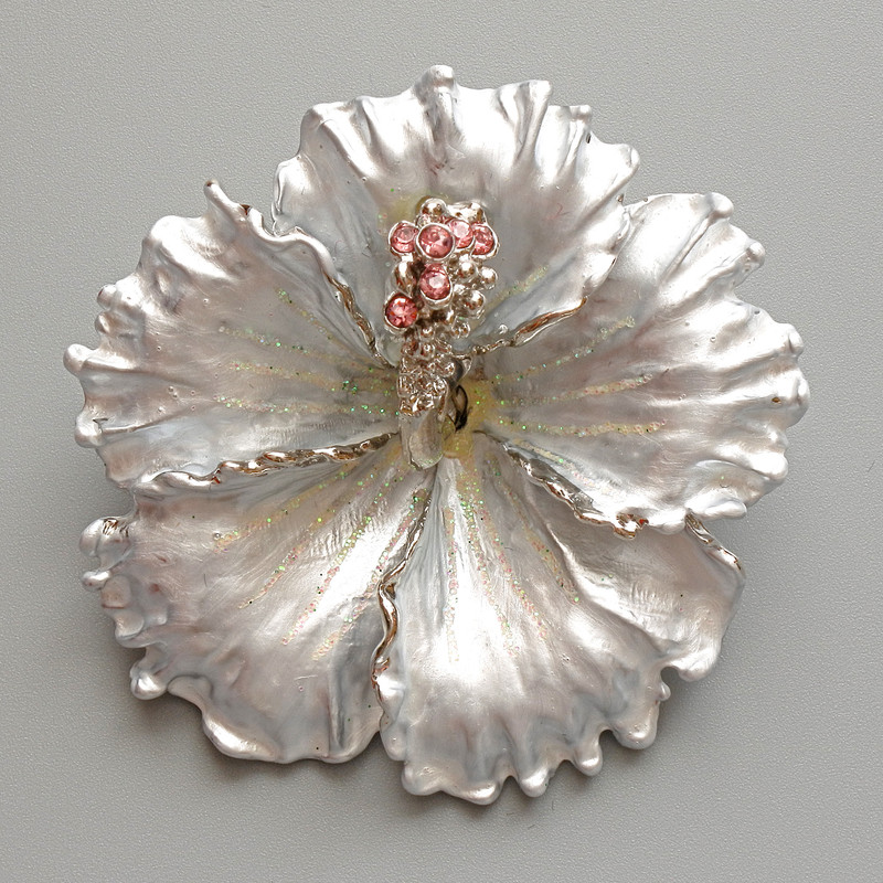 Brooch Pendant 'Petunia Flower' gray matte enamel, pink crystals, glitter, silver metal 51x51mm