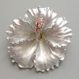 Brooch Pendant 'Petunia Flower' gray matte enamel, pink crystals, glitter, silver metal 51x51mm