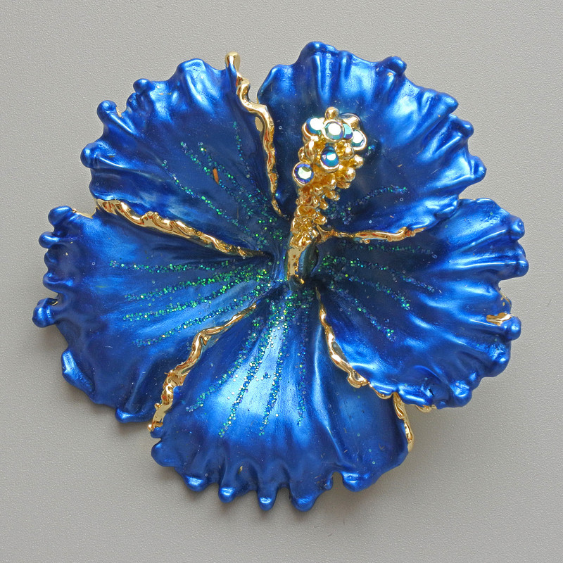 Brooch Pendant - Flower Petunia Blue Matte Enamel, Blue Rhinestones, Green Glitter, Gold-tone Metal 51x51mm
