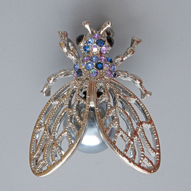 Brooch Pendant Butterfly with multicolor rhinestones, gray bead, silver metal 26x33mm