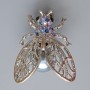 Brooch Pendant Butterfly with multicolor rhinestones, gray bead, silver metal 26x33mm