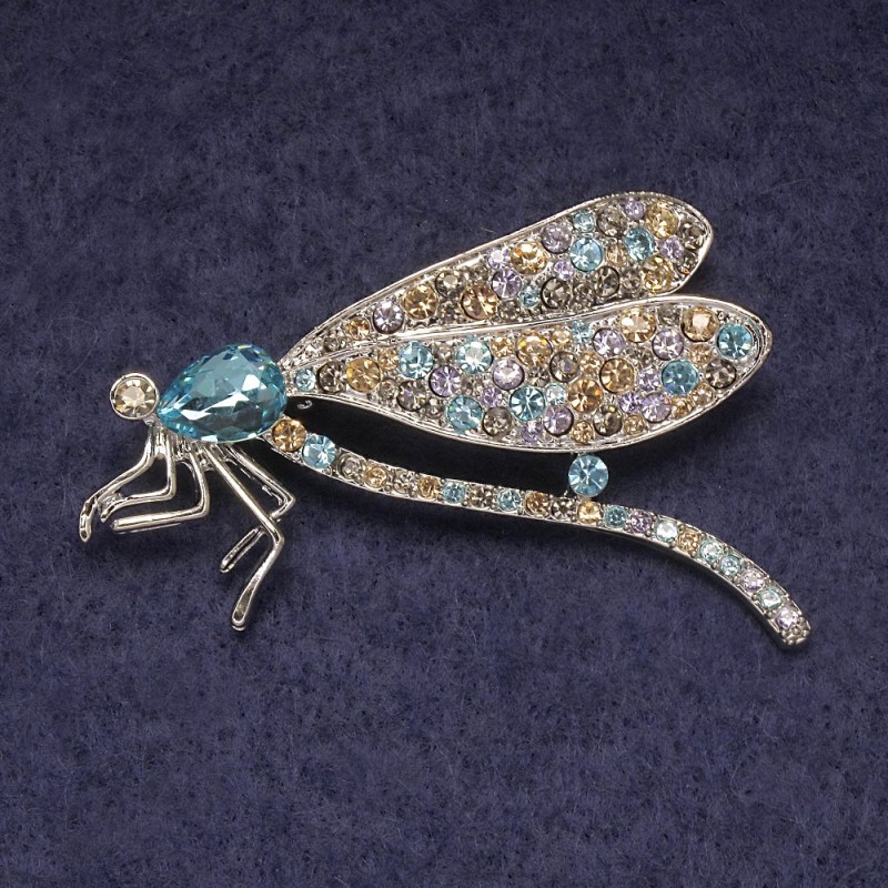 Brooch Pendant Butterfly with Blue Crystal, Multicolor Rhinestones, Silver Finish 55x35mm