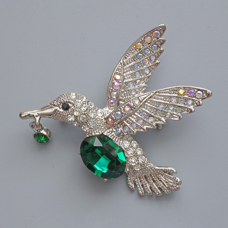 Brooch Pendant Hummingbird Green Crystal, holographic rhinestones, silver metal 52x47mm