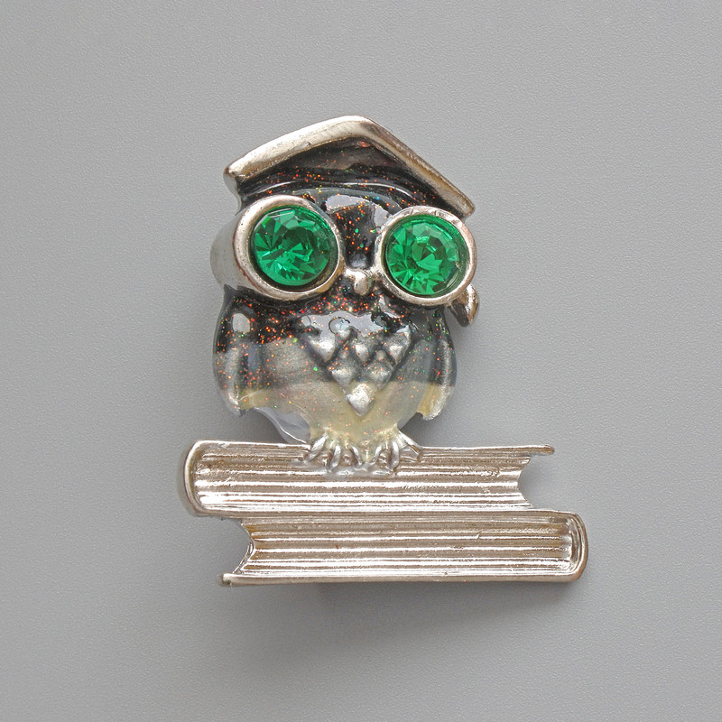 Brooch pendant Owl with gray enamel, green crystals, silver metal 33x37mm