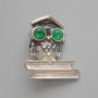 Brooch pendant Owl with gray enamel, green crystals, silver metal 33x37mm