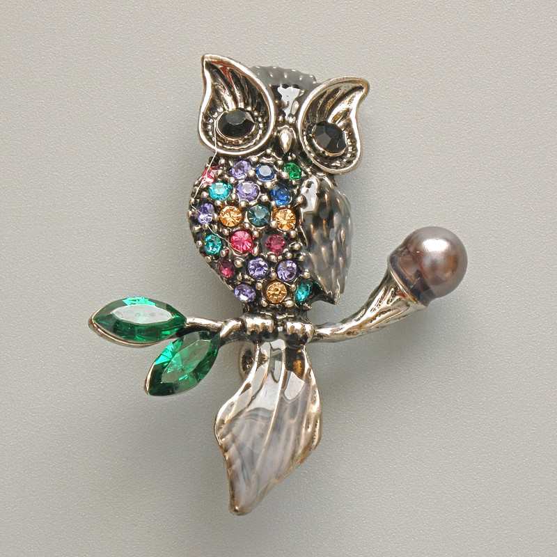 Brooch Pendant Owl with enamel and crystals, multicolor rhinestones, black bead, silver metal 31x38mm