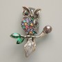 Brooch Pendant Owl with enamel and crystals, multicolor rhinestones, black bead, silver metal 31x38mm